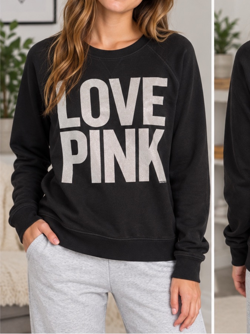 PINK Victoria's Secret Black 'LOVE PINK' Graphic Sweatshirt MEDIUM